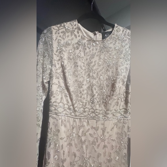 Mac Duggal Beige Beaded Tea Length Dress w/ Sheer Sleeves - Picture 11 of 14